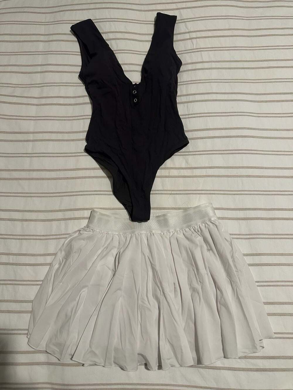 Zara Black Bodysuit and White Pleated Skirt Set